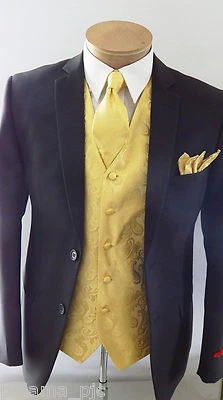 GOLD XS to 6XL Paisley Dress Vest Waistcoat & Neck tie And Pocket Square Wedding - Image 1 of 4