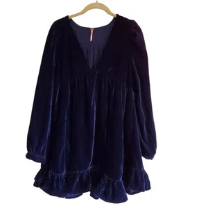 Free People Estella Velvet Mini Dress Oceana Blue Long Sleeve Ruffle Flowy Hem - Picture 1 of 11