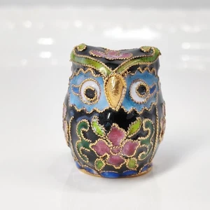 Vintage Chinese Cloinesee Owl Cute Mini Figure Colorful Blue Floral Decor 1.4" - Picture 1 of 9