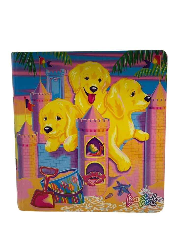 "Carpeta Lisa Frank Puppy Sandcastle 1,1/2"" años 90 de colección tres perros amarillos dorados" Foto 1 de 4