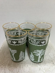 Vintage Jeannette Glass Green Greek Hellenic Juice Glasses Set Of 5 -EUC - Picture 1 of 5