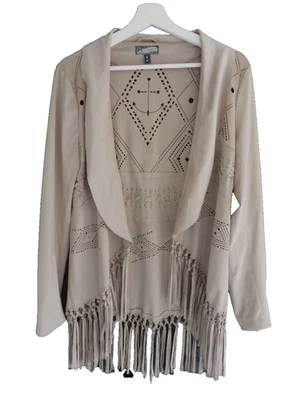 Damen Jacke Gr. M von Dreimaster Fransen und Lochmuster beige Velour - Bild 1 von 2