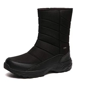 Mens Winter Mid-Calf Snow Boot Fur Warm Waterproof Slip On Outdoor 9.5 Black - Picture 1 of 7