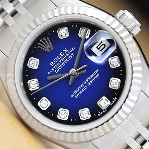 ROLEX LADIES DATEJUST 69174 BLUE VIGNETTE DIAMOND 18K WHITE GOLD STEEL WATCH - Picture 1 of 9