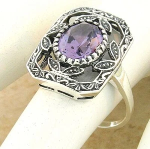 VINTAGE STYLE 925 SILVER SIMULATED 3 CT COLOR CHANGING ALEXANDRITE RING 1119X - Picture 1 of 3