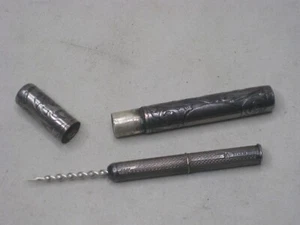 antique sterling silver Cigar Piercer turned poker w/ ornate sterling case - Picture 1 of 16