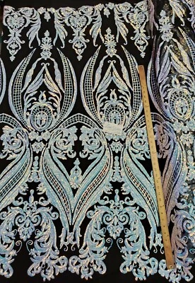 Iridescent Blue/Black "Hourglass Design" Stretch Spandex Mesh Sequin Fabric - Image 1 of 4