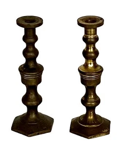 Pair of Miniature English Solid Brass Candlesticks, 2-7/8 inches Tall - Picture 1 of 6