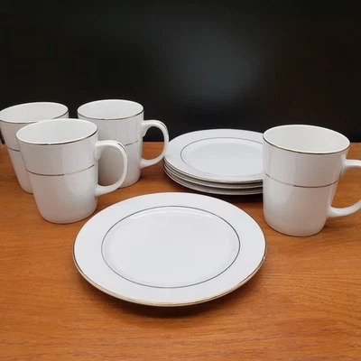 Gibson Everyday White Dinnerware Set 4 Mugs & 4 Salad Plates 7" Silver Band - Image 1 of 4