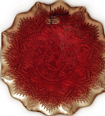 Plato de vidrio brillante AKCAM rojo brillante y dorado mate para servir vacaciones *NUEVO* Foto 1 de 4