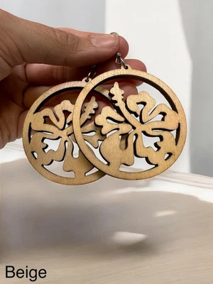 Pendientes de Madera Flor de Hibisco Ligeros Florales Boho Beige Marrón Natural Foto 1 de 4