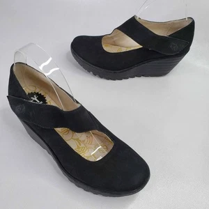 Fly London Suede Black Chunky Platform Mary Janes Wedge Shoe Size EU 39 US 8.5 - Picture 1 of 8