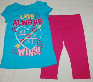 Girls Capri Outfit PINK LEGGINGS Aqua Long Tee Shirt LOVE ALWAYS WINS 4 Heart
