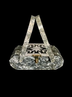 Vintage 1950s Gold Metallic Tinsel Confetti Gray Pearlescent Lucite Purse Bag - Image 1 of 4