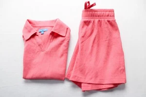 Fun Day Girl's Ribbed Collar Shirt And Stretch Shorts Set EJ3 Coral Size 12Y - Picture 1 of 7