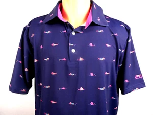 Scales Men's M Polo Shirt Navy Blue Fishing Golf Poly Blend "Trippy Fish" Print - Picture 1 of 12