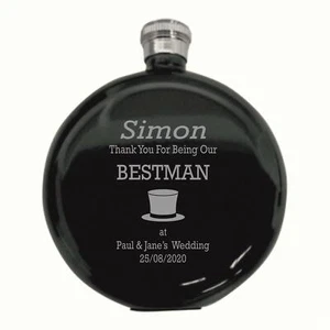 Personalised  Bestman Top Hat 5oz Round  Black Hip Flask In A Paper Box HF601 - Picture 1 of 1
