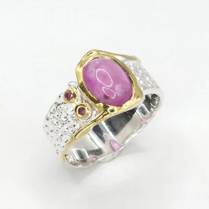 925 Sterling Silver Ruby Cabochon Ring Gold Accents Textured Band Design Size N - Picture 1 of 8