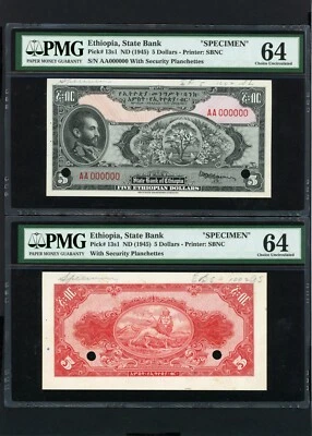 ETHIOPIA Specimen Banknote P13 s1 , 1945 , 5 Dollars , PMG 64 UNC (2) - Image 1 of 2