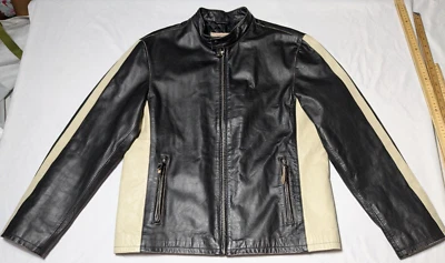 Chaqueta GUESS LEATHER BIKER Hombre Grande Negra Beige Colorblock Cremallera Completa Forrada Foto 1 de 4