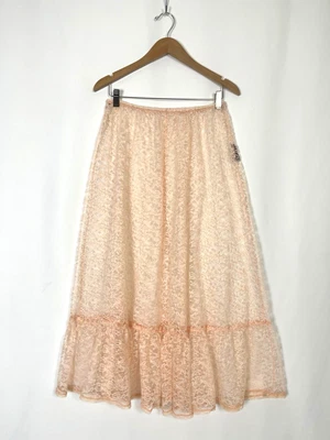 Falda Boho Vintage Años 70 80 FÁCIL ACCESO de CALIFONIA Rosa Claro Melocotón Encaje Volantes Foto 1 de 4