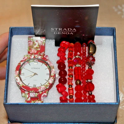 Strada红白花朵花卉图案带丙烯酸表带手表。 未使用 — 第 1/3 张图片