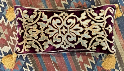 Gerry Nichol Pillow Ornate Moss / Gold On Aubergine Soft Velvet Tassels 19 x 11" - Image 1 of 4