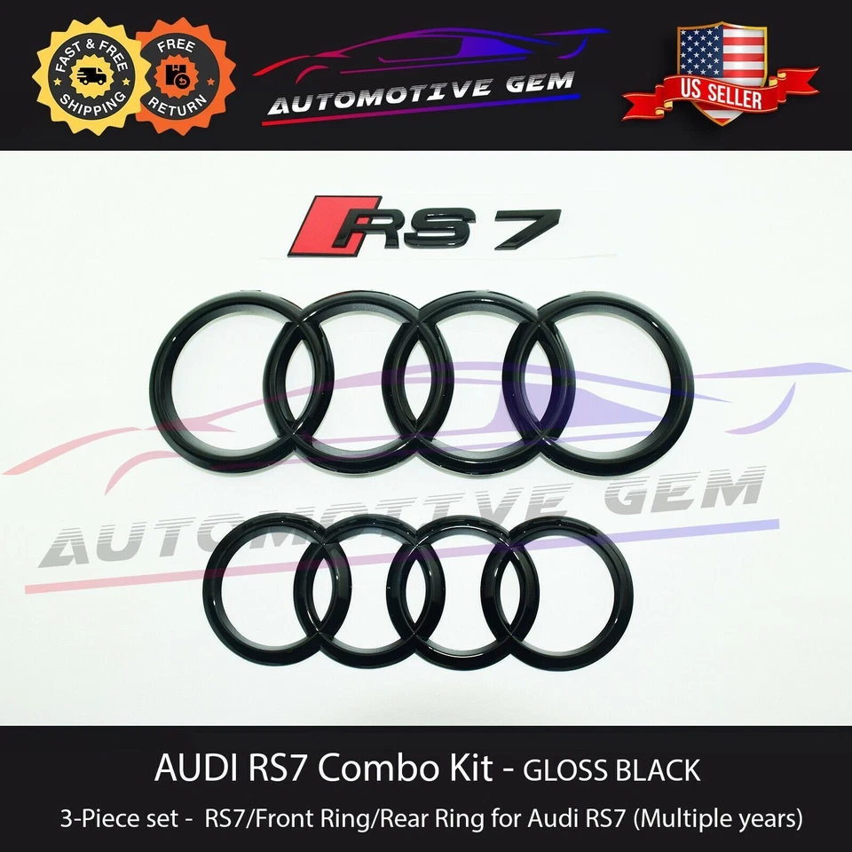 NUEVO AUDI RS7 Emblema NEGRO BRILLANTE Parrilla Delantera Trasera Maletero Anillo Insignia Set 2014-2021 Foto 1 de 2