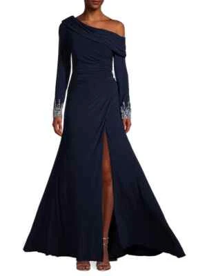MAC DUGGAL Navy Drop One Shoulder Beaded Embellished Cuff Jersey Stretch Gown 6 - Image 1 of 4