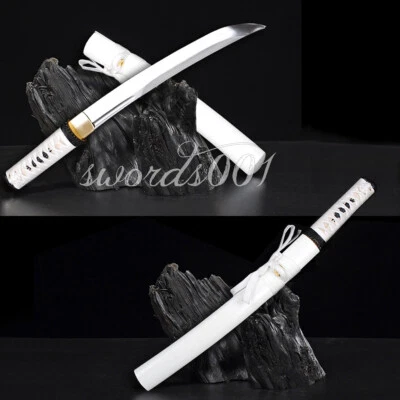 21''  White Tsukamaki Sageo Japanese Tanto T10 Steel Unokubitsukuri Short Sword - Image 1 of 4