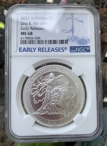 NGC MS68 2021 UK 1oz ST.Helena Una and The Lion Silver coin Early Release Spots - Picture 1 of 2