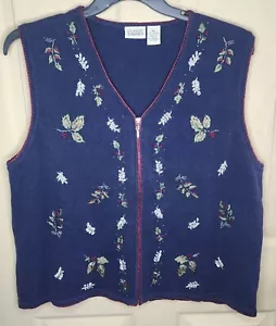 Vtg Classic Elements XLarge Holiday Vest Floral Zip Christmas Holly Embellished - Picture 1 of 8