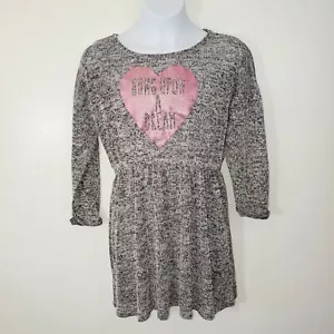 H & M Girls 10-12 Sweater Tunic Gray Pink Heart Elastic Waist - Picture 1 of 8