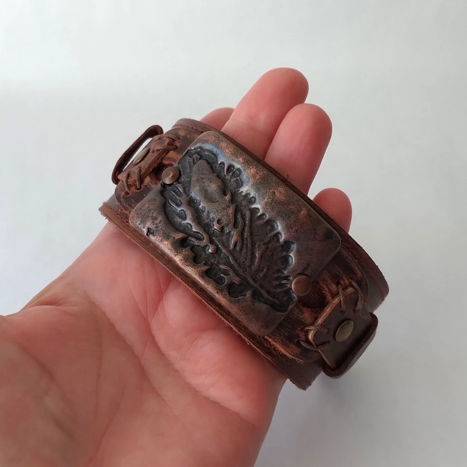 Signed  Genuine Leather Stamped Copper Leaf Tag Bracelet Handmade Statement - Image 1 of 4