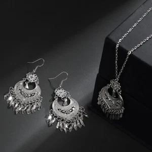 3Pcs Vintage Silver Necklace  + Earrings Tassel Women Gypsy Wedding Jewelry Set - Picture 1 of 7