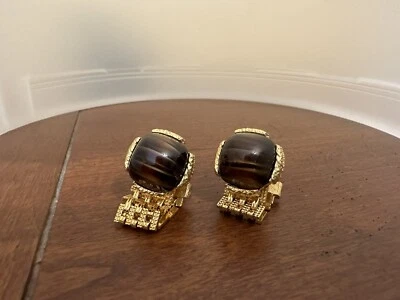 Gemelos envolventes de malla de ágata marrón Dante tono dorado vintage Foto 1 de 2