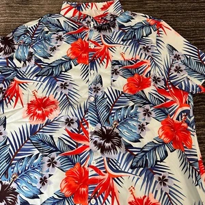Golf Shirt Mens 2XL Button Up Hawaiian Shirt White Red Blue Floral Island Print - Picture 1 of 9