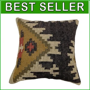 Boho Handwoven Jute & Wool Pillow Cover 18x18’ – Vintage Kilim Style - Picture 1 of 8