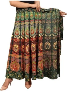 Jaipuri Gonna Avvolgente Cotone Stampato Girocollo Abiti Lunghi Maxi XXL Multicolore - Foto 1 di 3