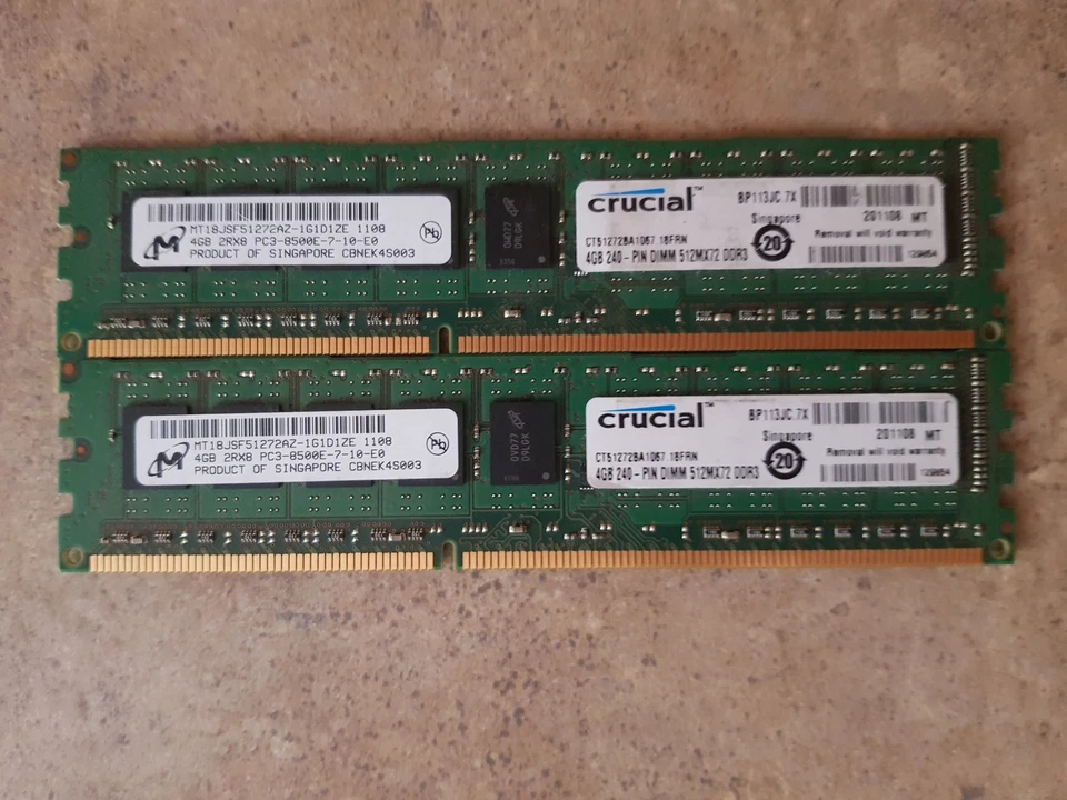 8GB (2X4GB) MICRON MT18JSF51272AZ-1G1D1ZE PC3-8500E DDR3 SERVER RAM MEMORY  L1-9 - Image 1 of 4