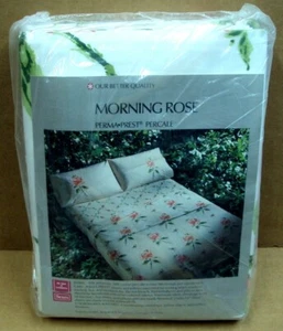 Vtg SEARS ROEBUCK Sheet & Pillowcase FULL Set MORNING ROSE Strawberry Pink NOS - Picture 1 of 12