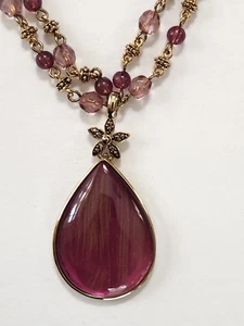 Vintage Monet Purple Goldtone Glass Beaded 2 Strand Pendant Necklace Boho - Picture 1 of 6