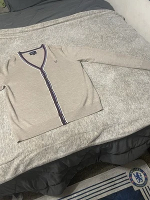 Fred Perry Merino Wool Beige Claret/ Blue Tip Cardigan. Size Xl - Image 1 of 4