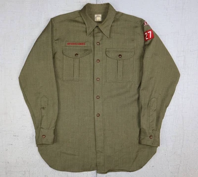 Vintage 1970s BSA Boy Scouts Wool Uniform Shirt Men’s L USA Made Scout 27 Patch - Image 1 of 4