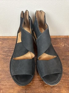 Clarks Artisan Open Toe Strappy Wedge Sandals Ankle Strap Black - Picture 1 of 13