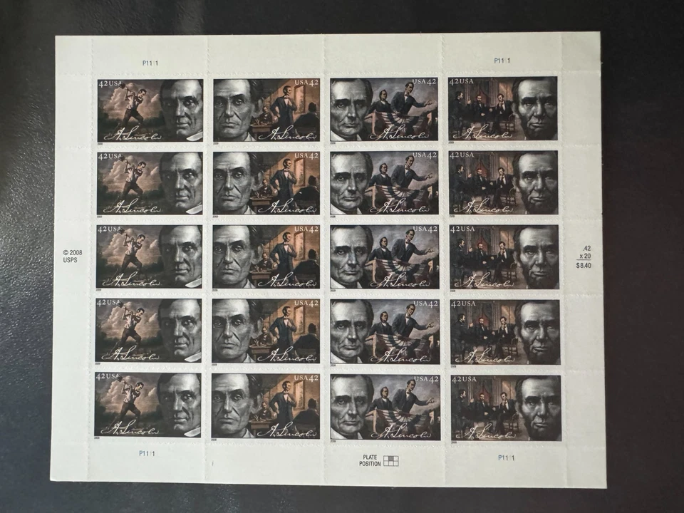Scott #4380-4383 Abraham Lincoln Pane of 20 42¢ Stamps (2009) - Image 1 of 1