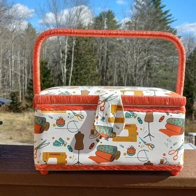 Retro White and Orange Patterned Fabric Covered Sewing Box Resembles Singer Box - Image 1 of 4