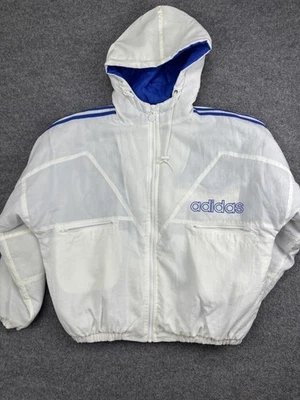 Vintage Adidas Jacket Mens Large White Blue Hooded Trefoil Windbreaker 80s 90s - Image 1 of 4