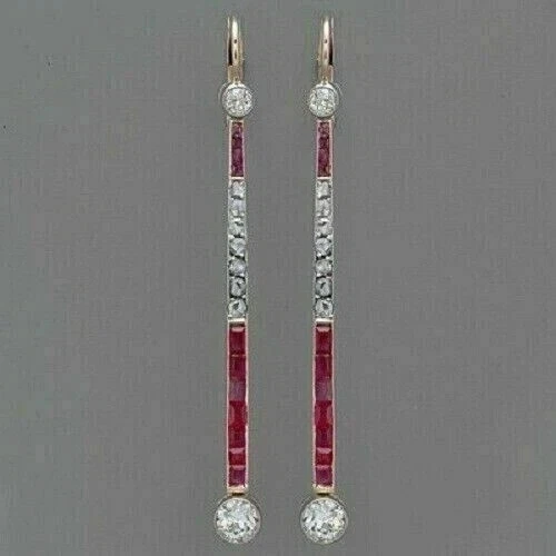 14K White Gold Plated 4Ct Princess Simulated Ruby Vintage Art-Deco Drop Earrings - Image 1 of 4