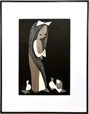 Firmado KAORU KAWANO Siglo XX Japonés IMPRESIÓN EN BLOQUES DE MADERA Niña con Palomas SOSAKU HANGA Foto 1 de 4
